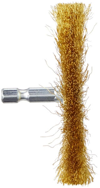 kwb Scheiben-Bürste, fein, Messing-Draht, Ø 75 mm für Metall und Stein, Drahtbürste für Bohr-Maschine inkl. E6.3 Sechskant-Schaft, zum Entrosten, Entzundern, Aufrauen und Reinigen