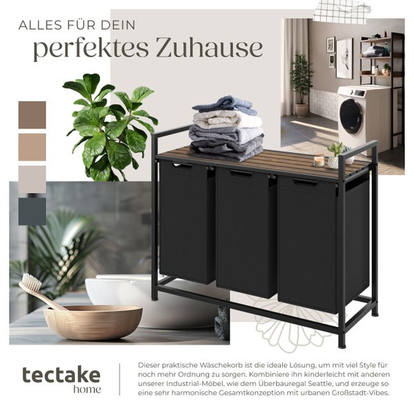 Wäschekorb mit drei Fächern im Badezimmer mit Handtüchern und Dekoration