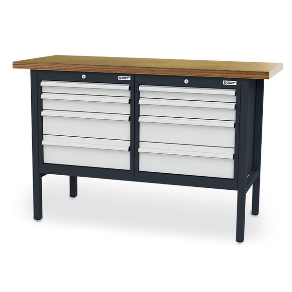 Werkbank mit anthrazitfarbenem Metallgestell, Arbeitsplatte aus Holz und zehn lichtgrauen Schubladen.