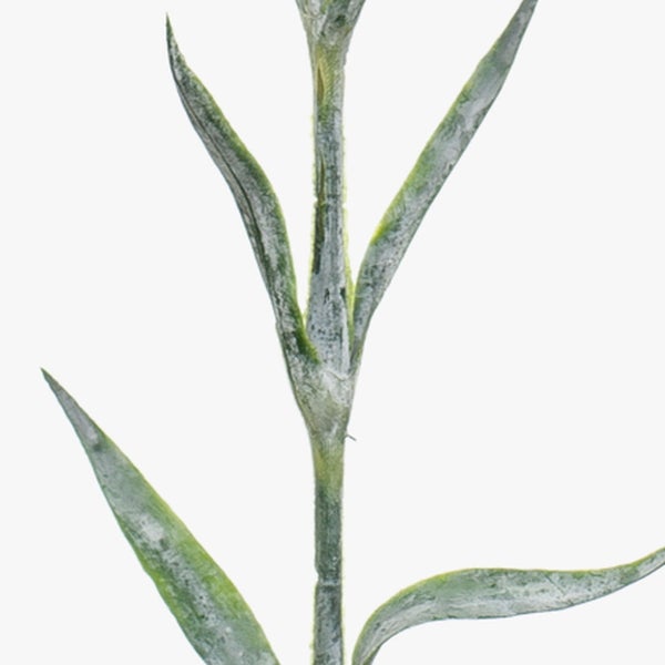 Detailaufnahme eines künstlichen Pflanzenzweigs mit schmalen, silbrig schimmernden Blättern.