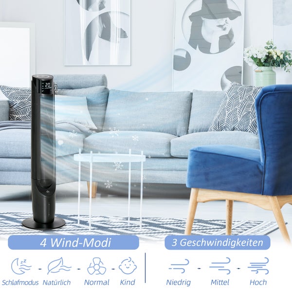 HOMCOM Luftkühler Turmventilator mit Wasserkühlung Luftbefeuchtung 60W leise Standventilator mit 12h Timer, 4 Modi, Fernbedienung, LED-Anzeige für Wohnzimmer Schwarz Ø31,5 x 107 cm