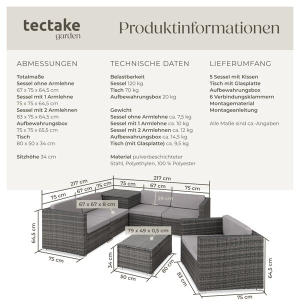 Rattan Lounge tectake Pisa inklusive großer Aufbewahrungsbox für 5 Personen grau