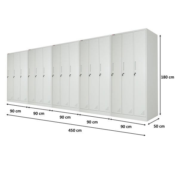 Graue Spindanlage aus Stahl mit fünf Modulen, fünfzehn Türen, Belüftungsschlitzen, abschließbar, Maße 450 mal 180 mal 50 Zentimeter.