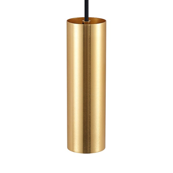 Zylindrische Pendelleuchte aus gebürstetem Metall in Goldoptik mit schwarzem Kabel.