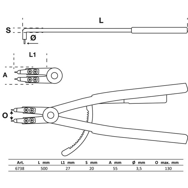 BGS Sprengringzange abgewinkelt für Innensprengringe 500 mm - 6738
