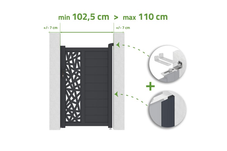 Gartentor mit verstellbarer Breite von minimum 102,5 Zentimeter bis maximum 110 Zentimeter inklusive Montagematerial.