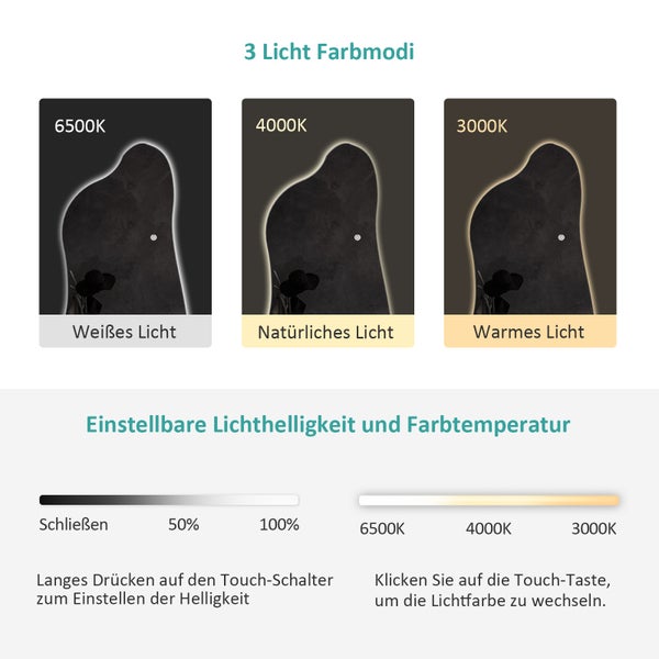 EMKE Standspiegel, 3000/4000/6500K – Wandmontierbar & Freistehend, rahmenlos, Touch-Schalter, 145x50 cm