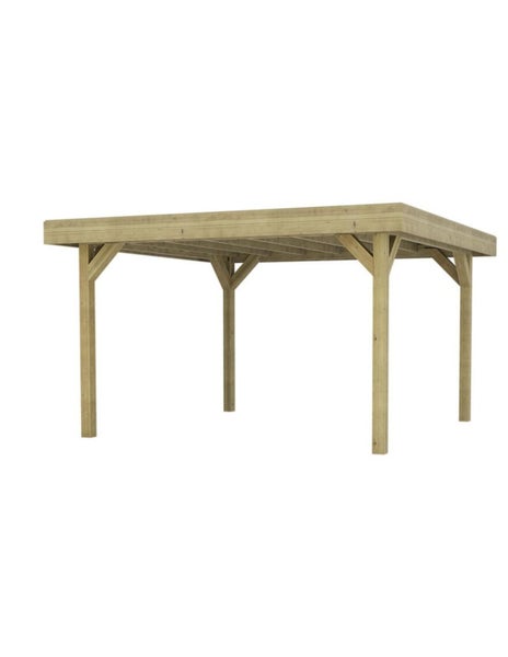 Freistehender Carport aus kesseldruckimprägniertem Holz mit Flachdach und vier Stützpfosten zur Überdachung von Fahrzeugen.