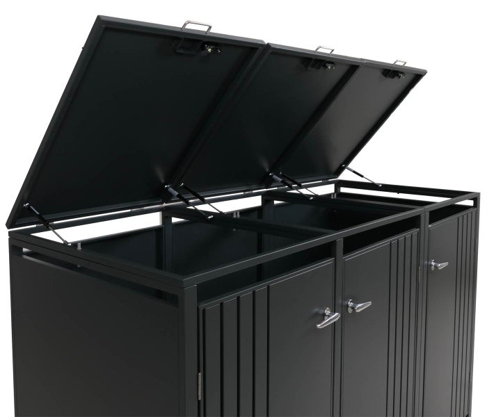 Mülltonnenbox mit drei Fächern und geöffneten Deckeln.