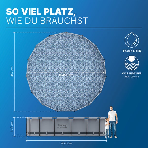 Bestway Logo. Bestway Steel Pro Max Pool: Durchmesser 451 Zentimeter, Höhe 122 Zentimeter, Wassertiefe maximal 110 Zentimeter, 16015 Liter.