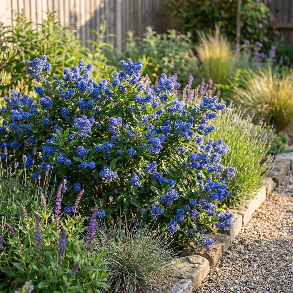 Blühende Säckelblume in einem Gartenbeet mit Natursteinkante und Kiesweg neben Ziergräsern und Lavendel.