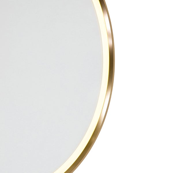 Detailaufnahme eines runden Spiegels mit Rahmen und integrierter Beleuchtung