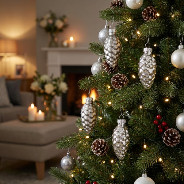 Weihnachtsbaum geschmückt mit Kugeln und Zapfenanhängern in einem gemütlichen Wohnzimmer mit Kamin im Hintergrund.
