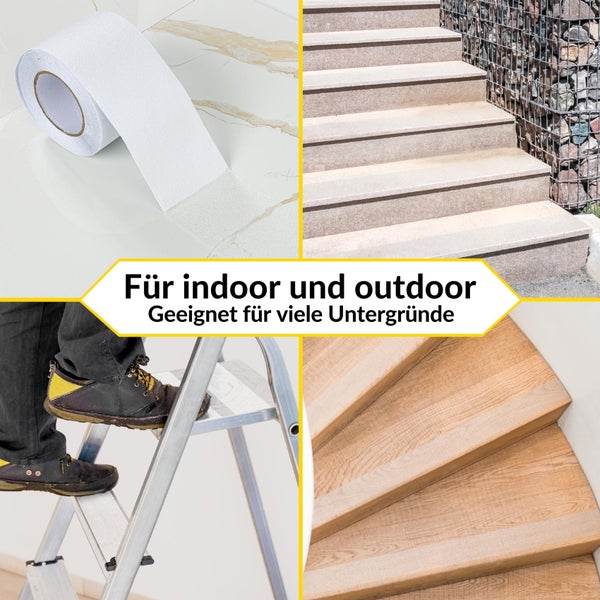 Anti-Rutsch-Klebeband für innen und außen auf Holztreppen, Steintreppen, Fliesen und Leitern.