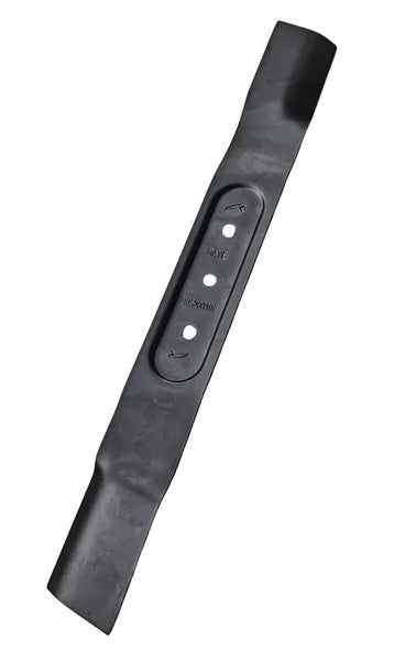 Ersatzmesser für Rasenmäher aus schwarzem Metall mit drei Löchern in der Mitte.