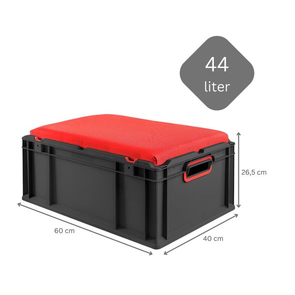 Aufbewahrungsbox aus Kunststoff mit Polsterauflage, Volumen 44 Liter, Abmessungen 60 x 40 x 26,5 Zentimeter