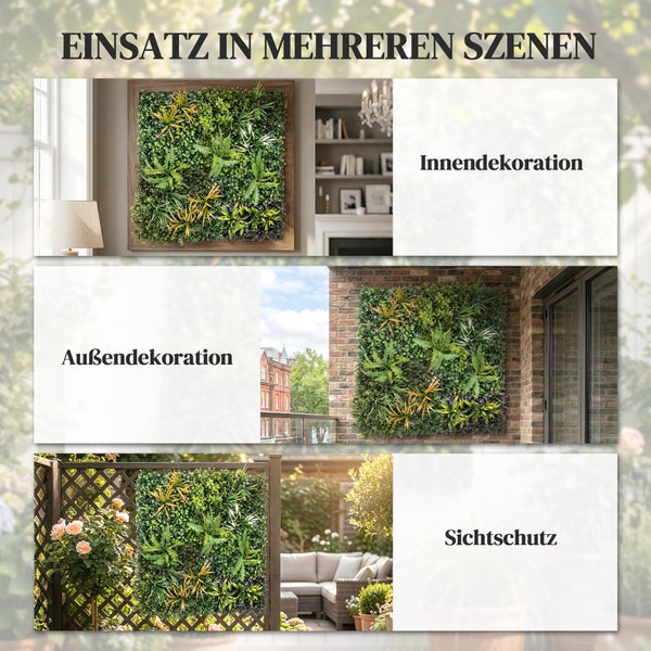 Künstliche Pflanzenwand zur Anwendung als Innendekoration, Außendekoration an einer Ziegelwand und als Sichtschutz auf einem Gartenzaun.