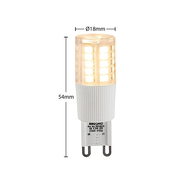 Arconio G9 LED Leuchtmittel mit 4,5 Watt, 475 Lumen und 2700 Kelvin, Höhe 54 Millimeter, Durchmesser 18 Millimeter.