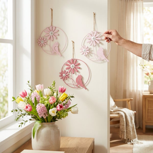 Drei hängende Wanddekorationen aus Metall mit Blumen und Vogelmotiven im Wohnraum mit Blumenstrauß in einer Vase.