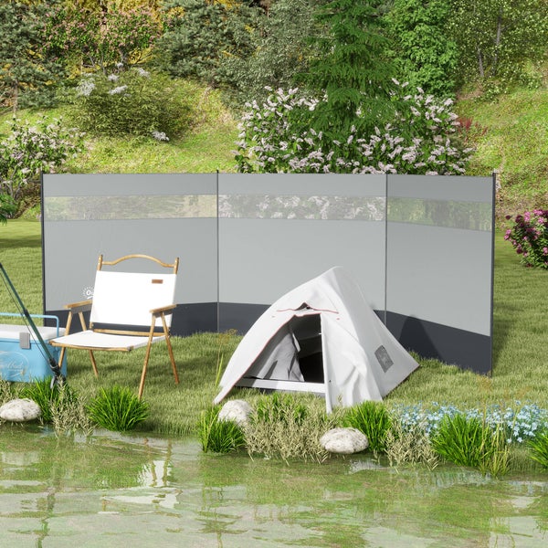 Outsunny Windschutz faltbar Camping Sichtschutz mit Lichtquellenfenster Heringen Seilen Windfang Zaun Strandwindschutz Strandschutz für Camping Garten, Strand, Terrasse 440 x 140 cm Grau