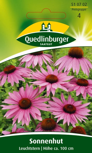 Saatgut für Sonnenhut Leuchtstern, Quedlinburger Saatgut Logo, Wuchshöhe circa 100 cm, pinke Blüten.
