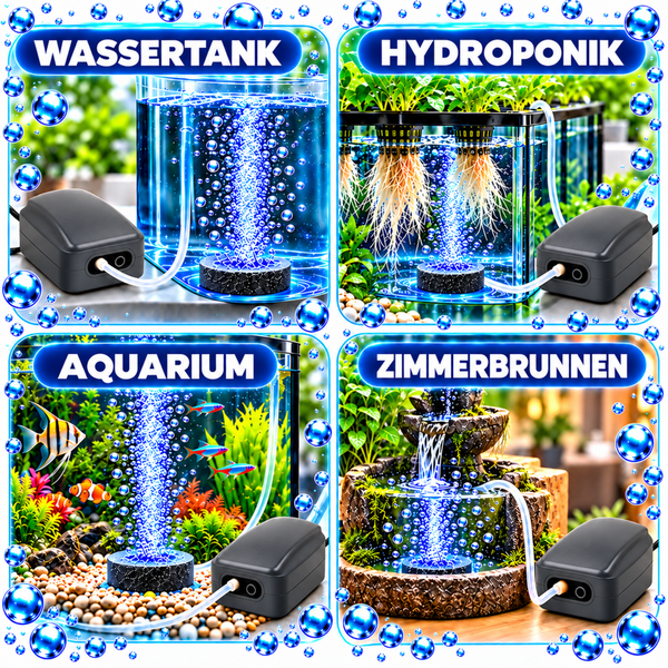Vier Anwendungsbeispiele für eine Luftpumpe in Wassertank, Hydroponik, Aquarium und Zimmerbrunnen mit Belüfterstein und transparentem Schlauch.