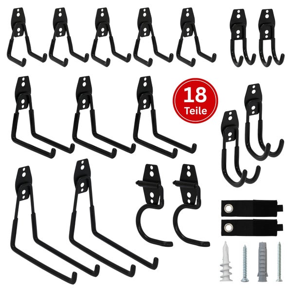 18 teiliges Wandhaken Set für Garage und Keller zur Aufbewahrung von Werkzeugen und Gartengeräten inklusive Schrauben und Dübeln