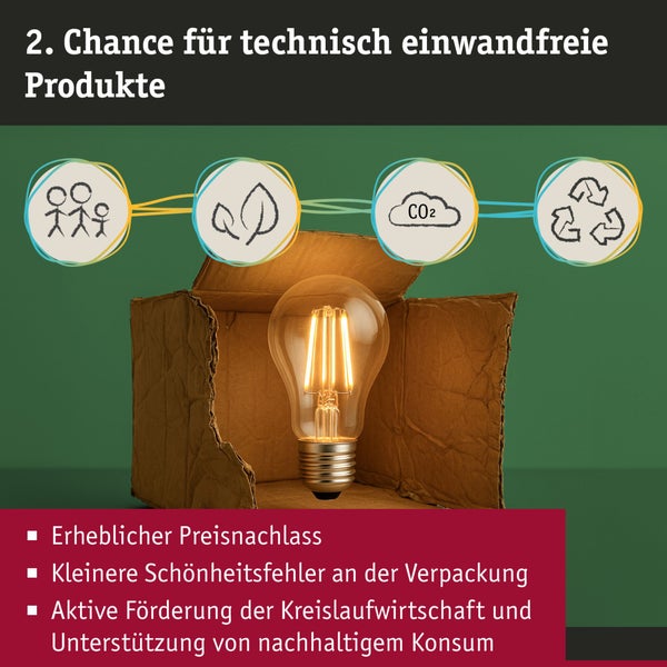 Leuchtende Glühbirne in einem Karton mit Symbolen für Nachhaltigkeit, CO2-Ersparnis und Kreislaufwirtschaft sowie Infos zu Produkten der 2. Chance.