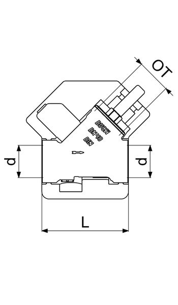 Technische Zeichnung eines Schrägsitzventils DN 40 mit Maßangaben für Länge L, Durchmesser d und Oberteil OT.
