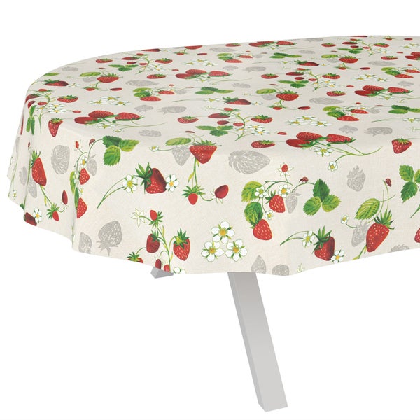Ovale Tischdecke mit Erdbeeren, Blüten und Blättern, Textilgewebe für den Esstisch.