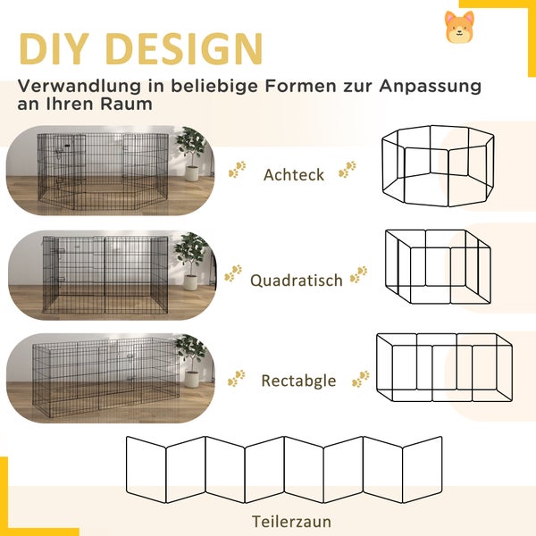 PawHut Welpenauslauf 76 cm Hoch, 8-TLG Welpenlaufstall mit Schloss, DIY Freilaufgehege Hundelaufstall für mittelgroße Hunde, Meerschweinchen, Kaninchen, Metall, Schwarz