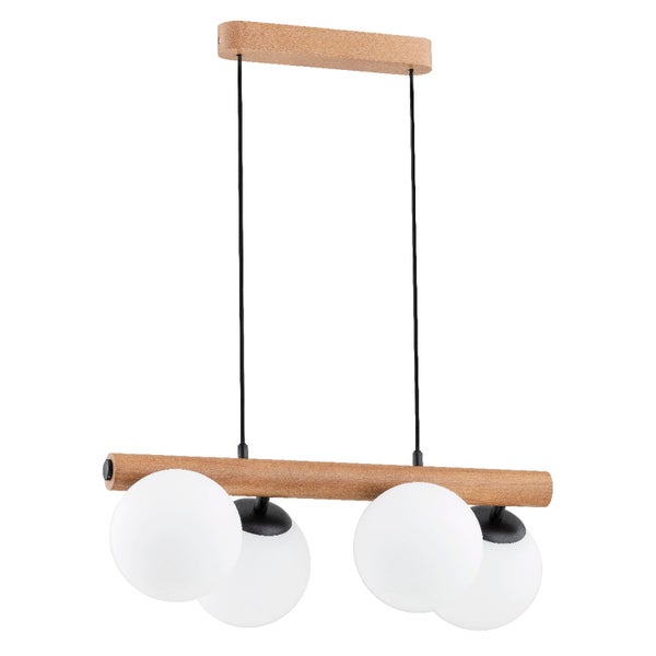 Moderne Pendelleuchte mit Holzoptikbalken und vier kugelförmigen Glaskugeln an schwarzen Kabeln für eine stilvolle Innenbeleuchtung