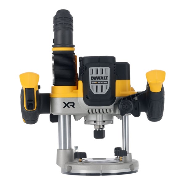 DeWalt 18 Volt Akku-Oberfräse mit bürstenlosem Motor, zwei Handgriffen und Staubabsauganschluss.