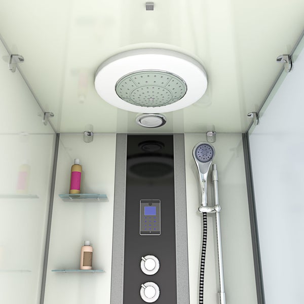 Moderne Duschkabine mit runder Regendusche inklusive Beleuchtung, Handbrause, digitalem Bedienfeld und Glasablagen.