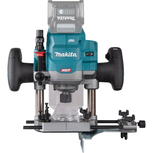 Makita XGT Akku-Oberfräse mit bürstenlosem Motor, Tiefeneinstellung und Parallelanschlag.