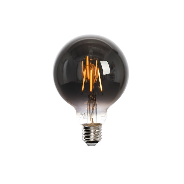 LED-Globelampe E27 mit Rauchglas und sichtbaren Leuchtfäden.