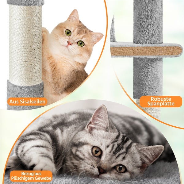 Katzenkratzbaum mit Sisalseilen, robuster Spanplatte und Bezug aus plüschigem Gewebe