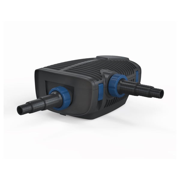 Teichpumpe mit zwei gestuften Schlauchanschlüssen für die Filterung und Umwälzung von Garten- und Teichwasser.