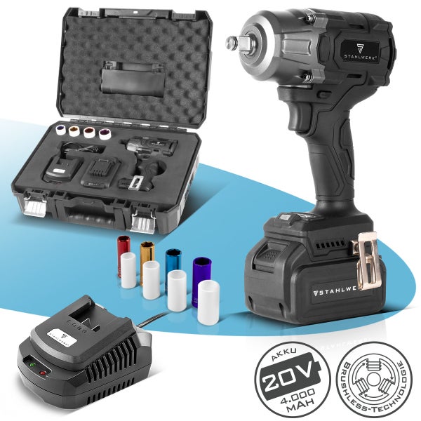 Stahlwerk Akku Schlagschrauber Set 20 Volt mit 4 Amperestunden Akku, Ladegerät, Steckschlüsseln und Transportkoffer.