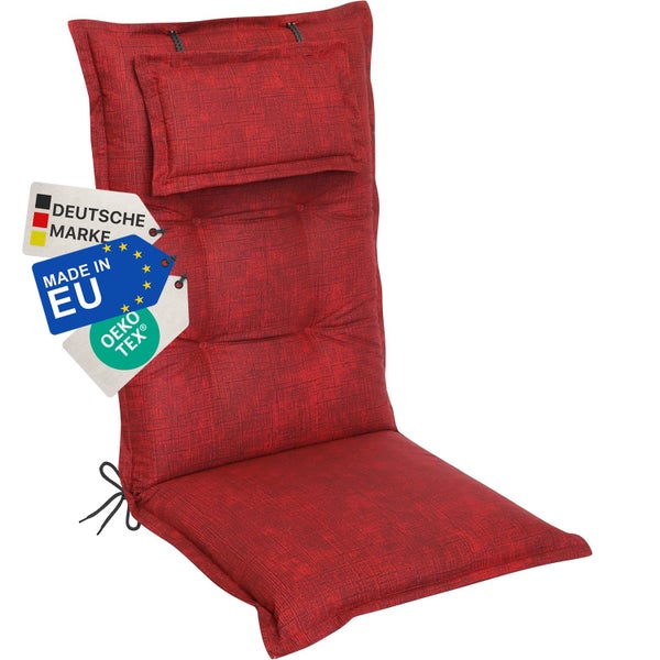 Rotes Gartenstuhlauflagekissen mit den Kennzeichen Deutsche Marke, Made in EU und Oeko-Tex Standard 100