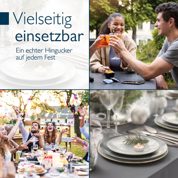 Vielseitig einsetzbares Geschirr für Hochzeiten, Gartenpartys und festliche Anlässe, mit Tellern und Gläsern in verschiedenen Szenen.