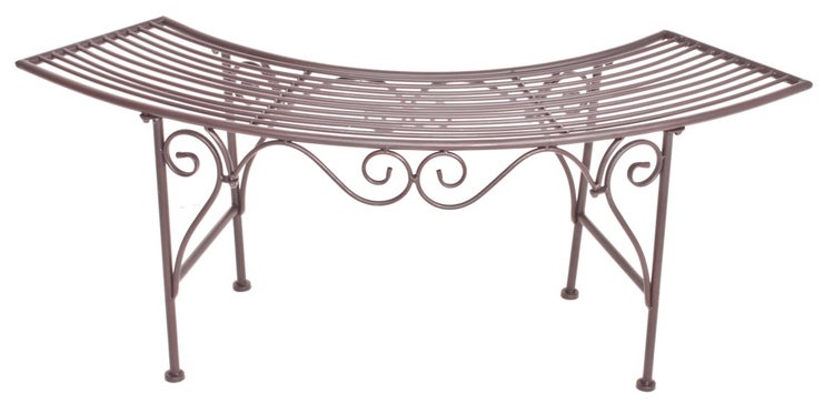 Geschwungene Gartenbank aus Metall mit Sitzfläche aus Stäben und dekorativen Verzierungen am Gestell.