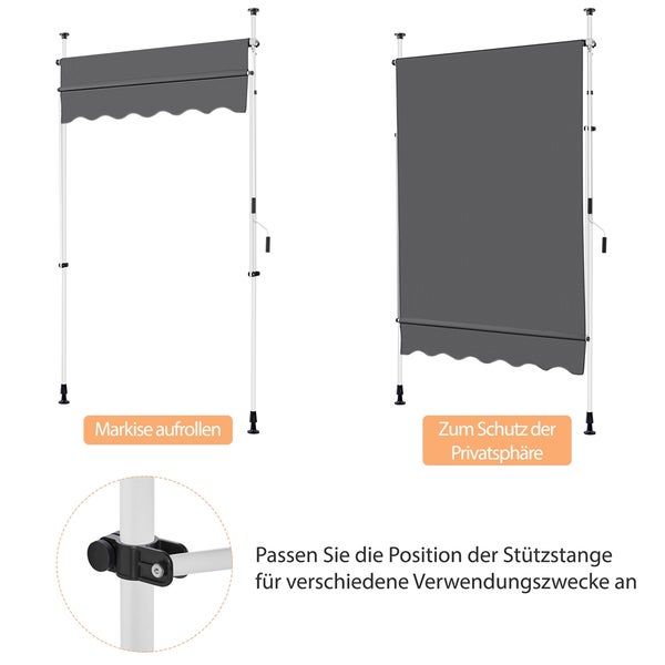 Seitenmarkise mit ausgefahrener und eingefahrener Stoffbahn