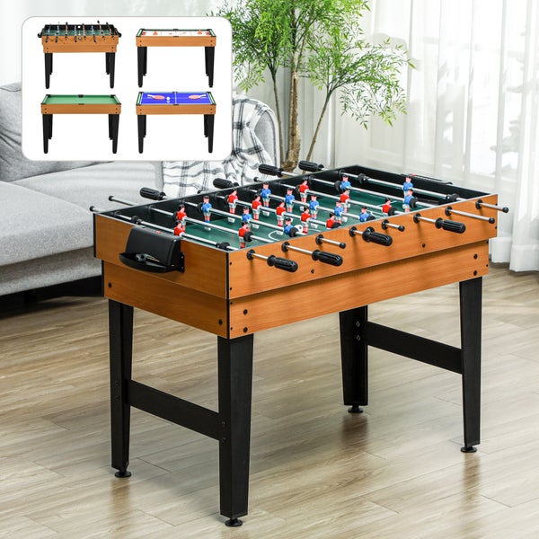 4 in 1 Multifunktions-Spieltisch aus Holz für Tischkicker, Billard, Airhockey und Tischtennis mit stabilen Beinen in einem hellen Wohnzimmer.