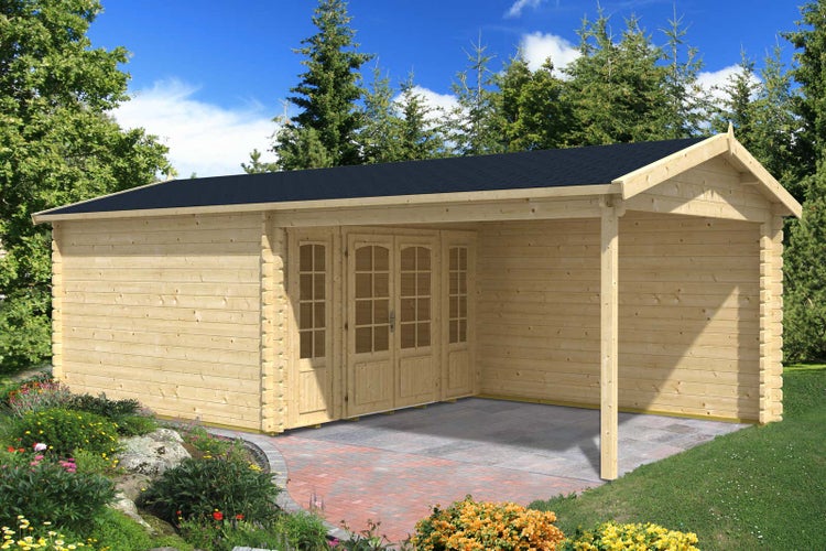 Holzgartenhaus mit überdachter Veranda und Doppeltür