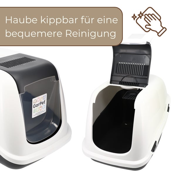 GarPet Katzen-Haubentoilette mit kippbarer Haube für eine einfache Reinigung. GarPet Logo und Symbol für einfache Reinigung.
