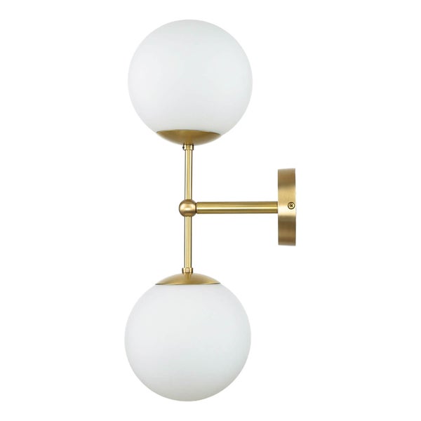 Wandleuchte mit zwei runden, weißen Lampenschirmen und goldfarbenem Gestell.