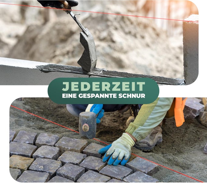 Bauarbeiten mit Mörtel und Pflastersteinen unter Verwendung einer gespannten Richtschnur zur präzisen Ausrichtung.