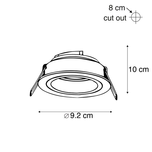 Skizze eines Einbaustrahlers mit den Maßen 9,2 cm Durchmesser und 10 cm Höhe