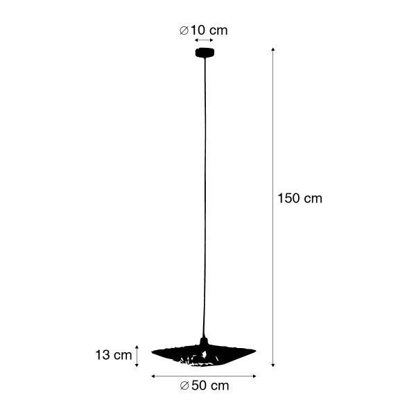 Abbildung einer Pendelleuchte mit den Maßen 10 cm Durchmesser (oben), 50 cm Durchmesser (unten) und 150 cm Höhe